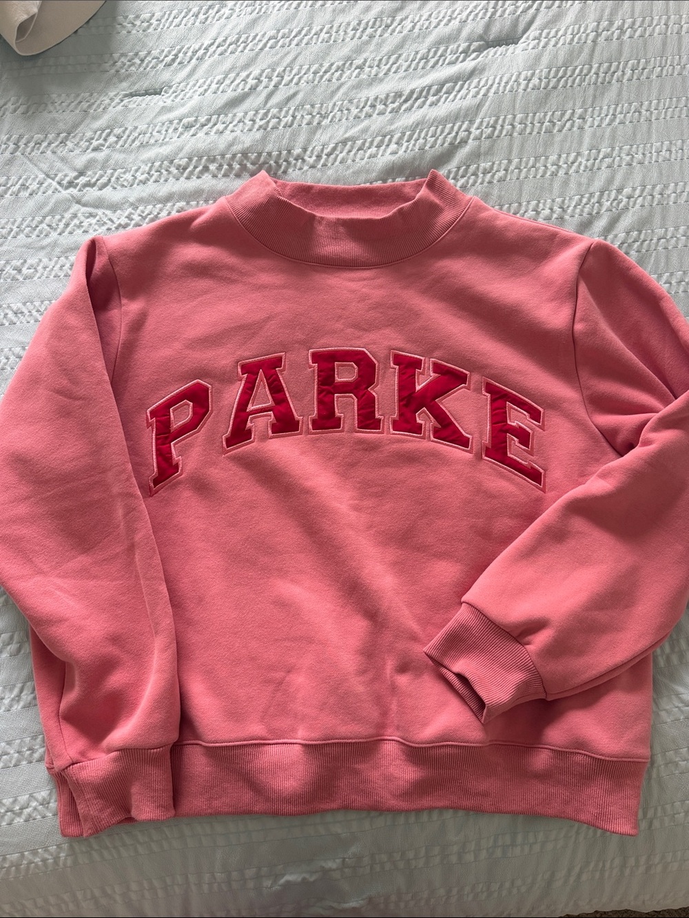 PARKE Pink Valentine’s Varsity Mockneck with Dark Pink Text - L/XL